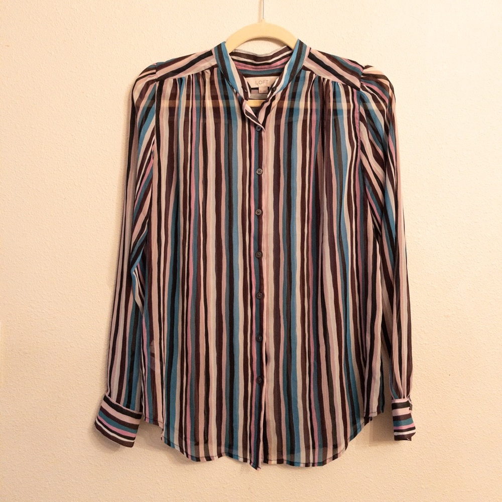 LOFT Striped Sheer Button Long-sleeve Blouse XS